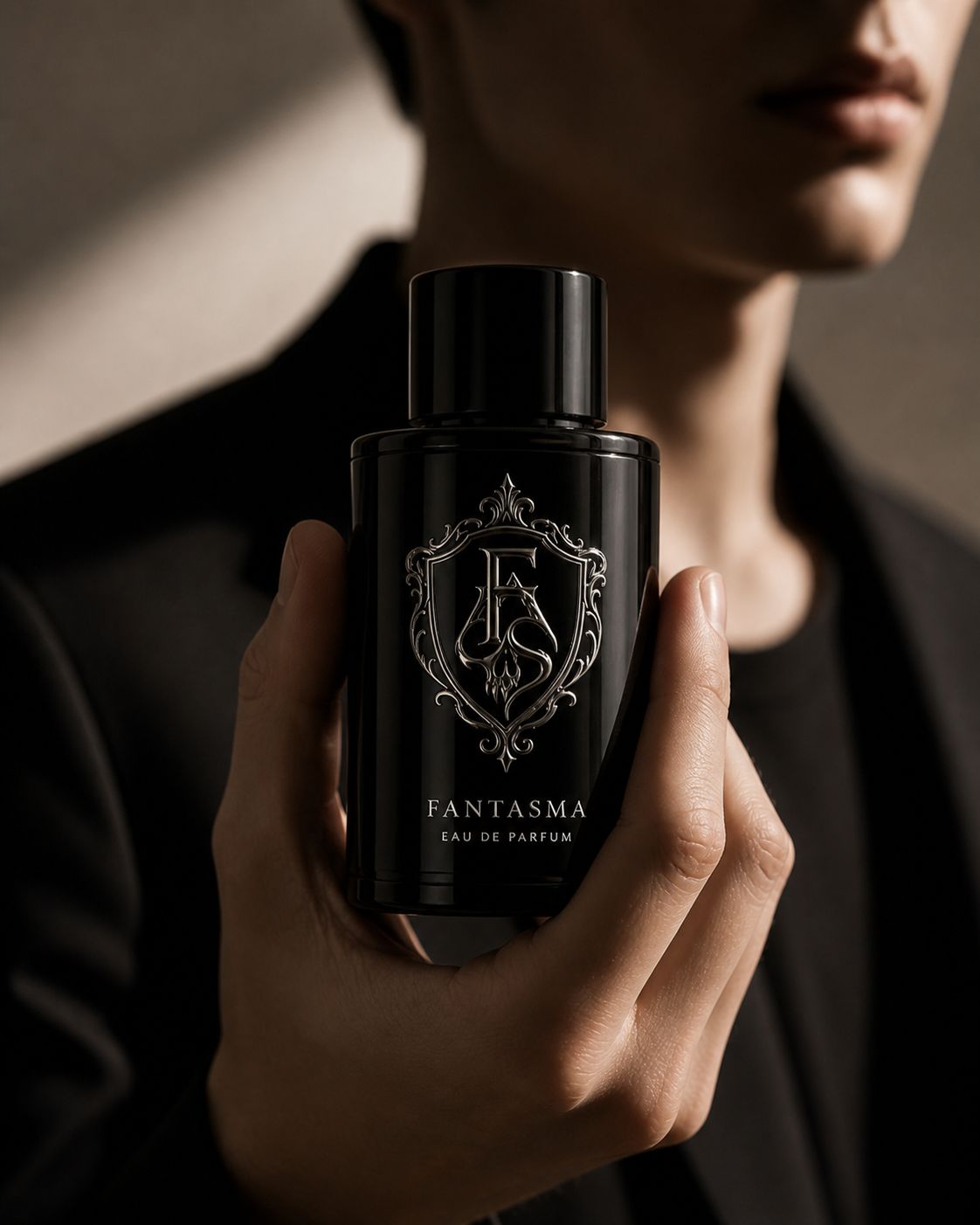 Fantasma eau de parfum held in front of a person wearing black.